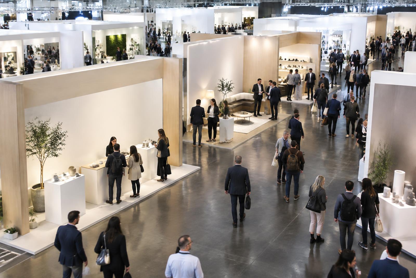 Busy exhibition hall with visitors exploring minimalist trade show stands