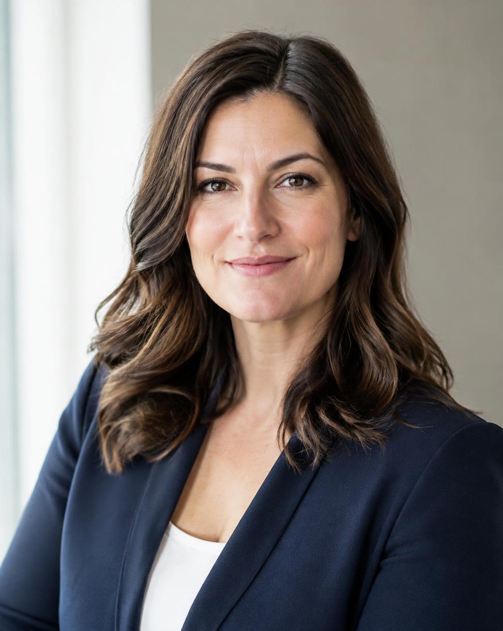Corporate headshot of a businesswoman in a navy blazer in soft window light