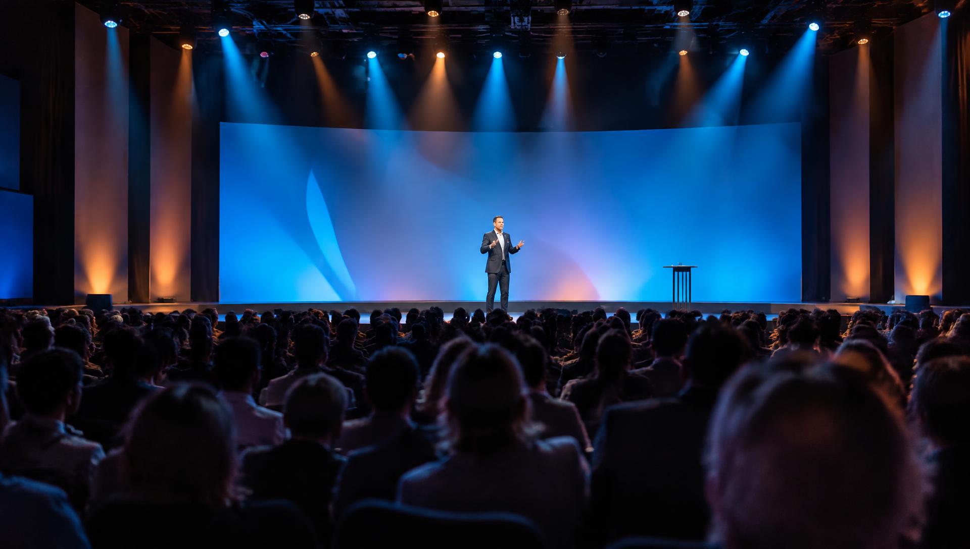Keynote speaker on a large conference stage under blue and amber lighting, seen over a full audience