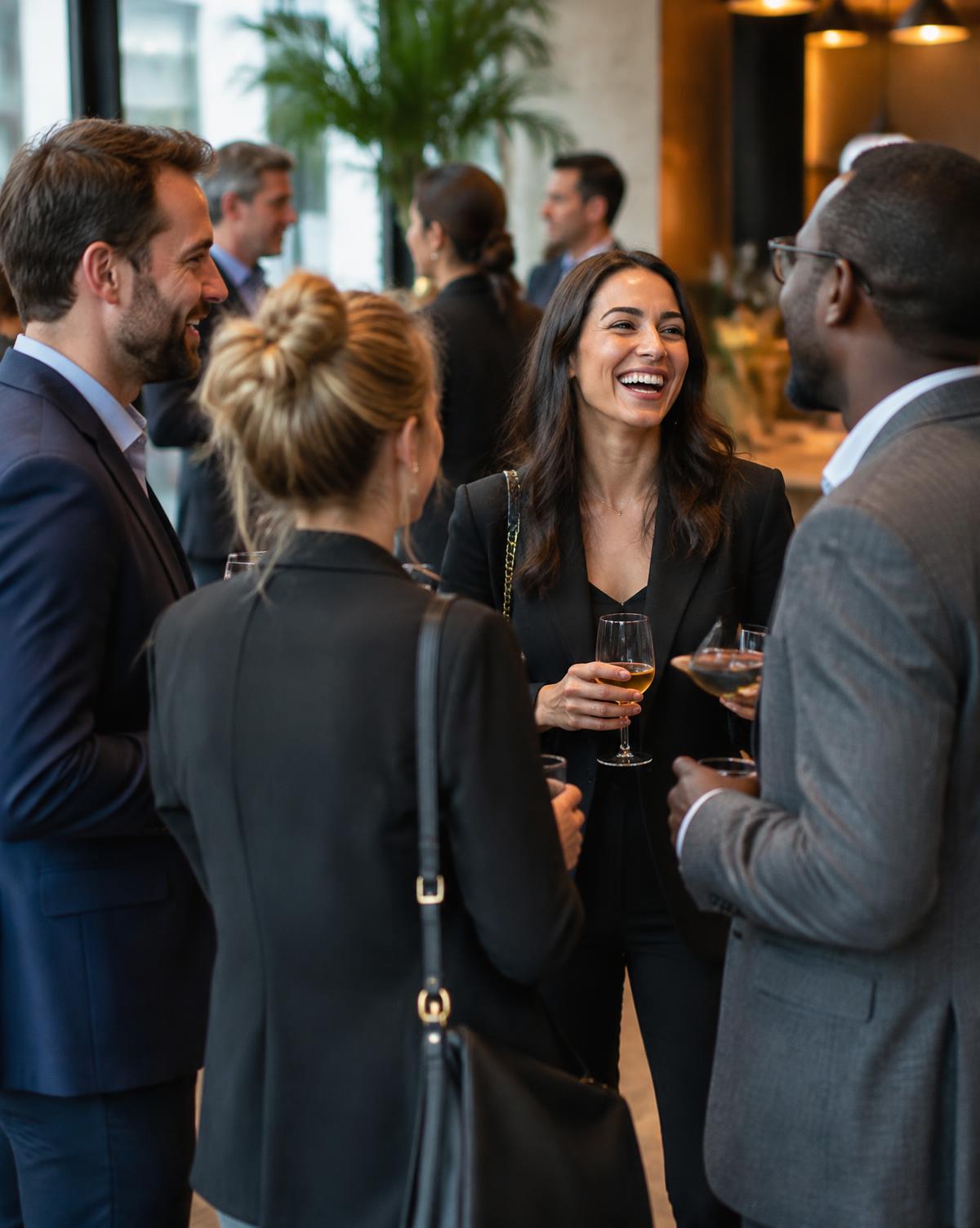 Guests laughing together during a corporate networking reception